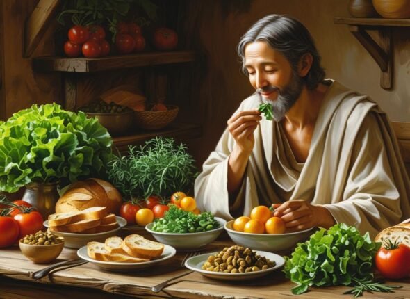 CRIAR UMA MESA CHEIA DE ALIMENTOS ORGANICOS E UM PROFETA DO SENHOR COMENDO