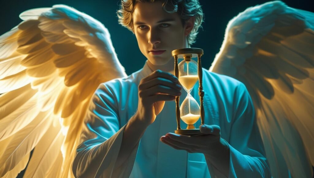 ANJO MASCULINO COM O TEMPO EM SUAS MAOS