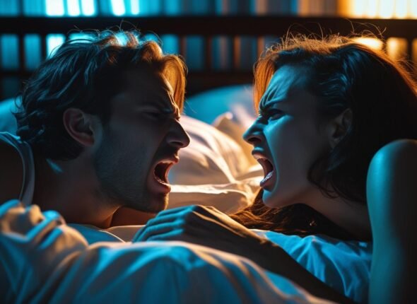 CASAL BRIGANDO DEITADO NA CAMA