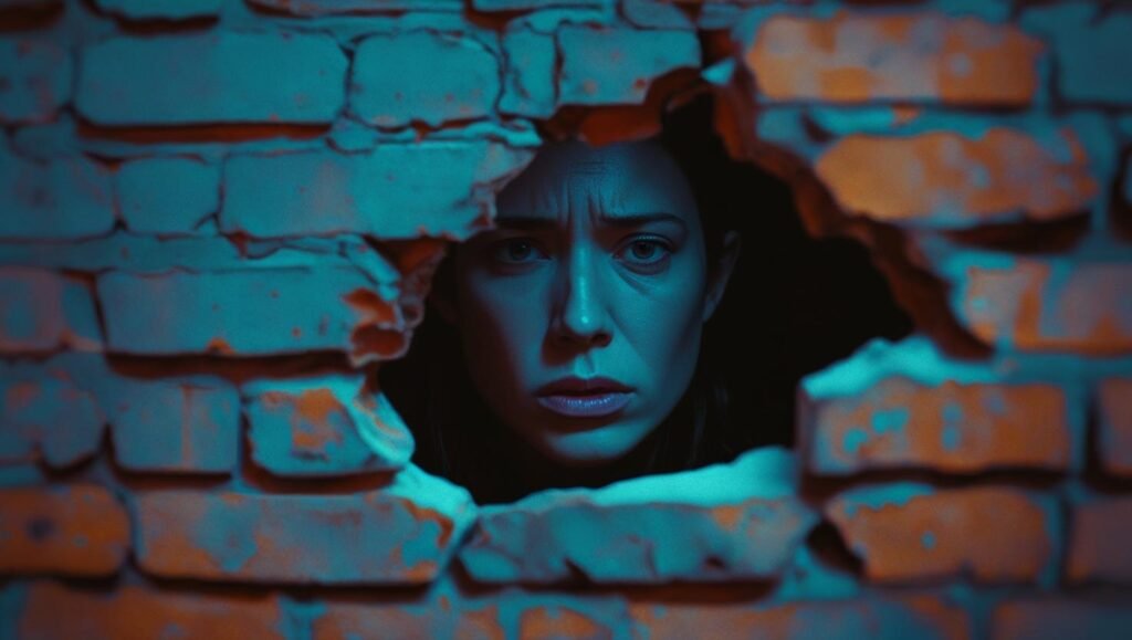 PESSOA TRISTE VENDO POR BRECHA NA PAREDE