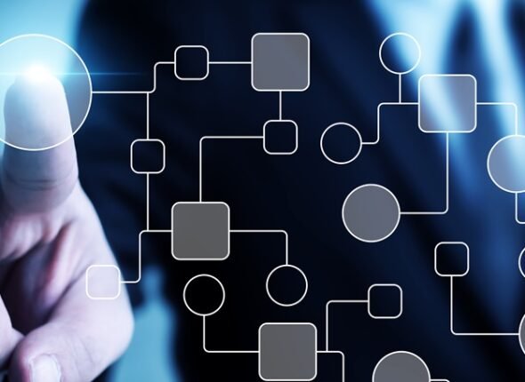 Business process and workflow automation with flowchart. Businessman pointing illustration processing management